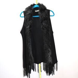 Origami by Vivien Black Faux Fur Trim Fringe Vest One Size